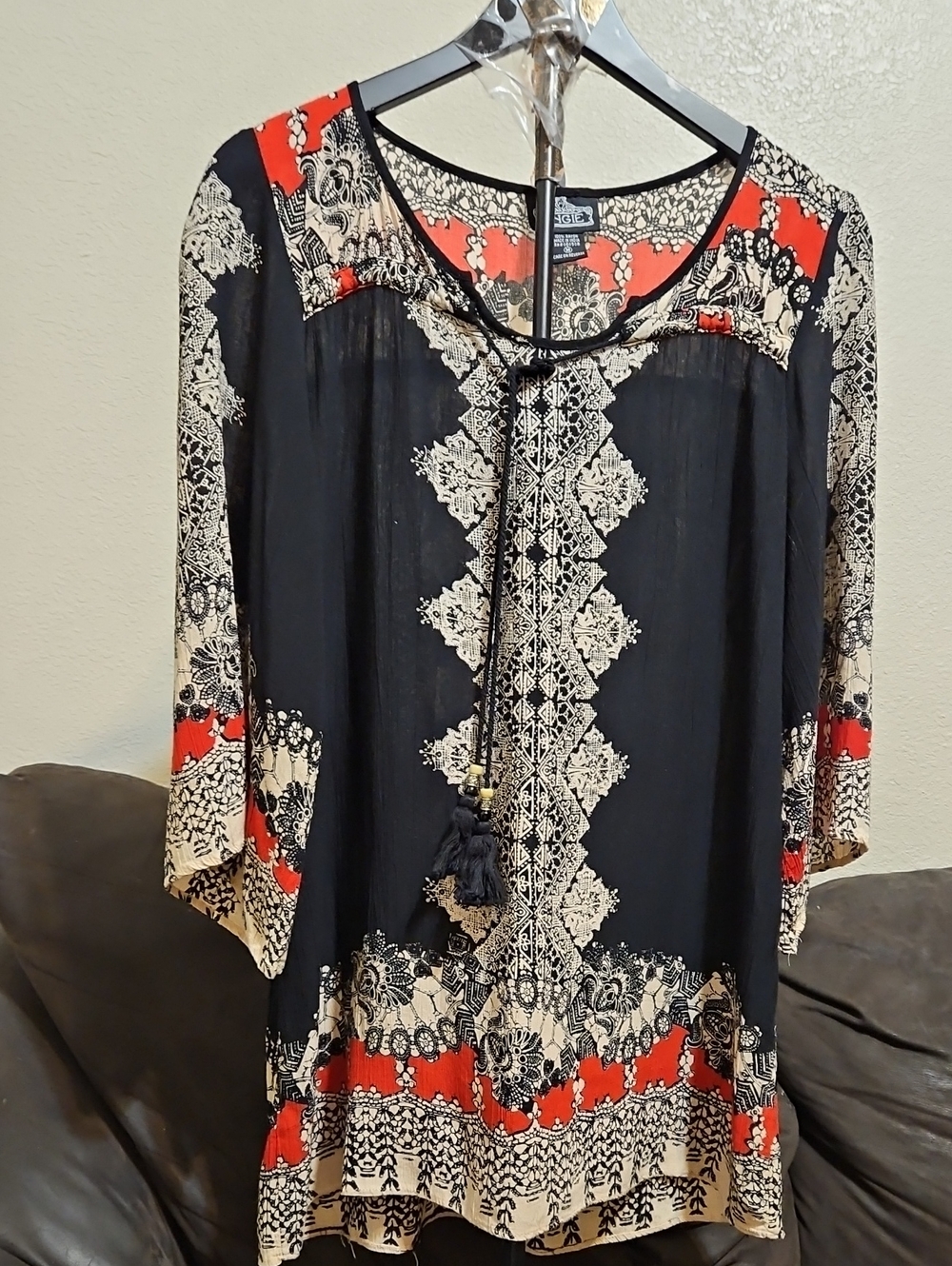 Angie Black Tunic with Red & Cream Accents